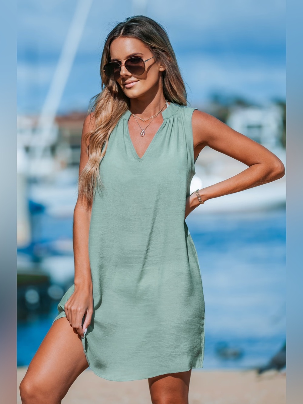 Cupshe Seafoam V-Neck Sleeveless Swim Cover-Up